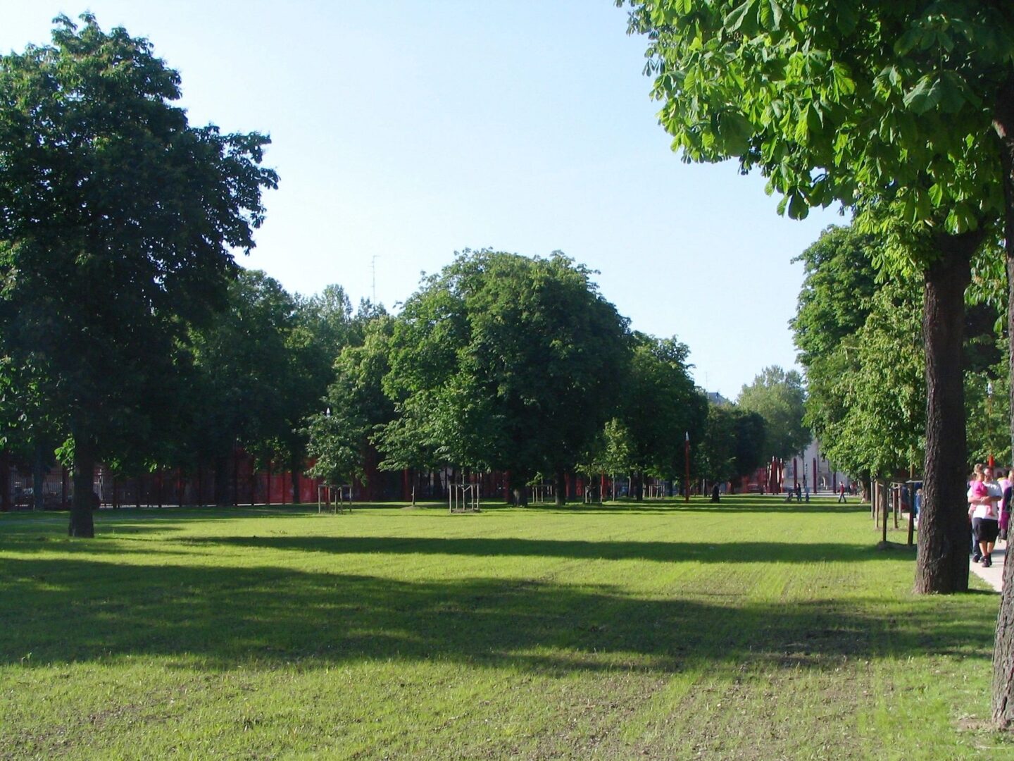 A park with trees and grass in the foreground.
