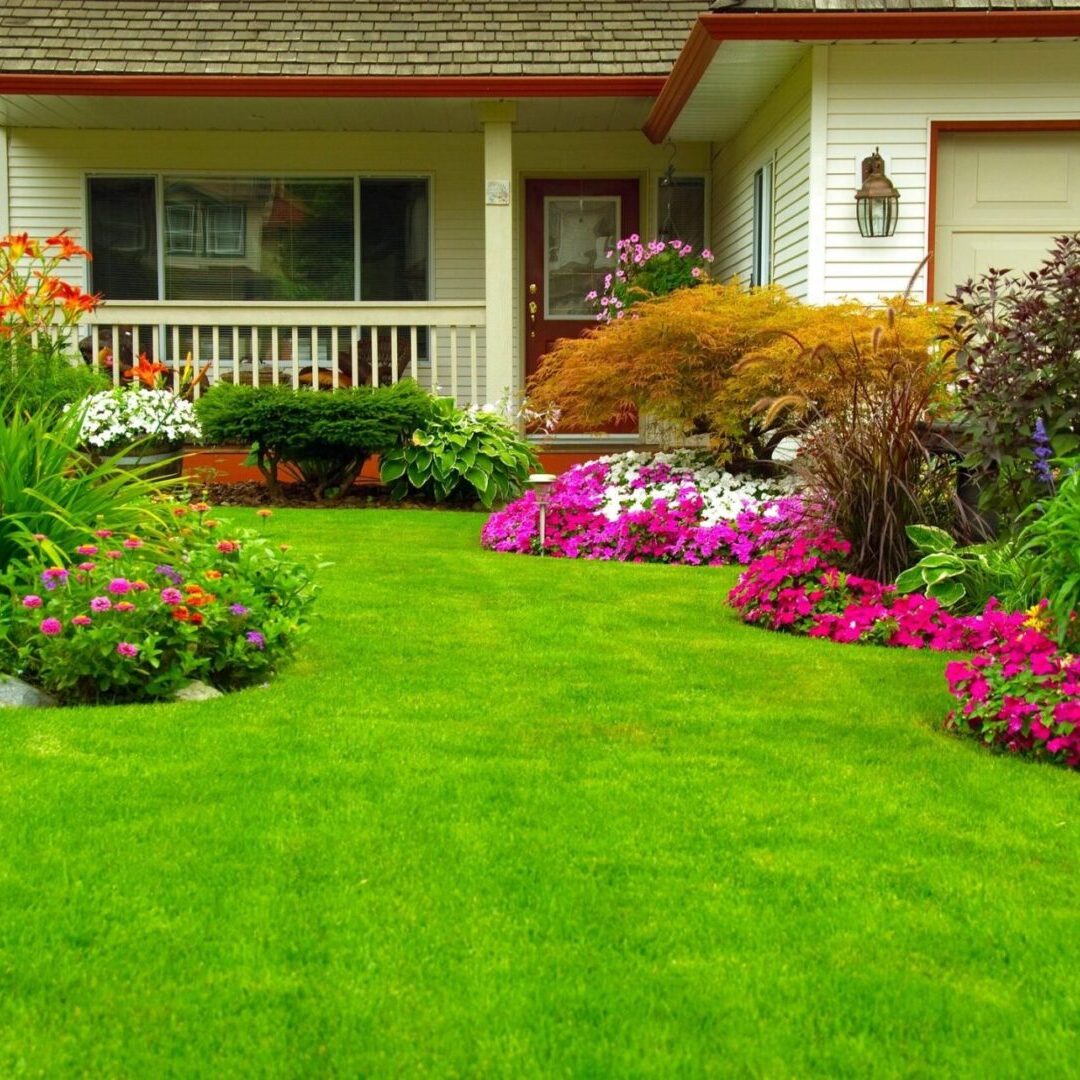 A house with a lawn and flowers in the yard.