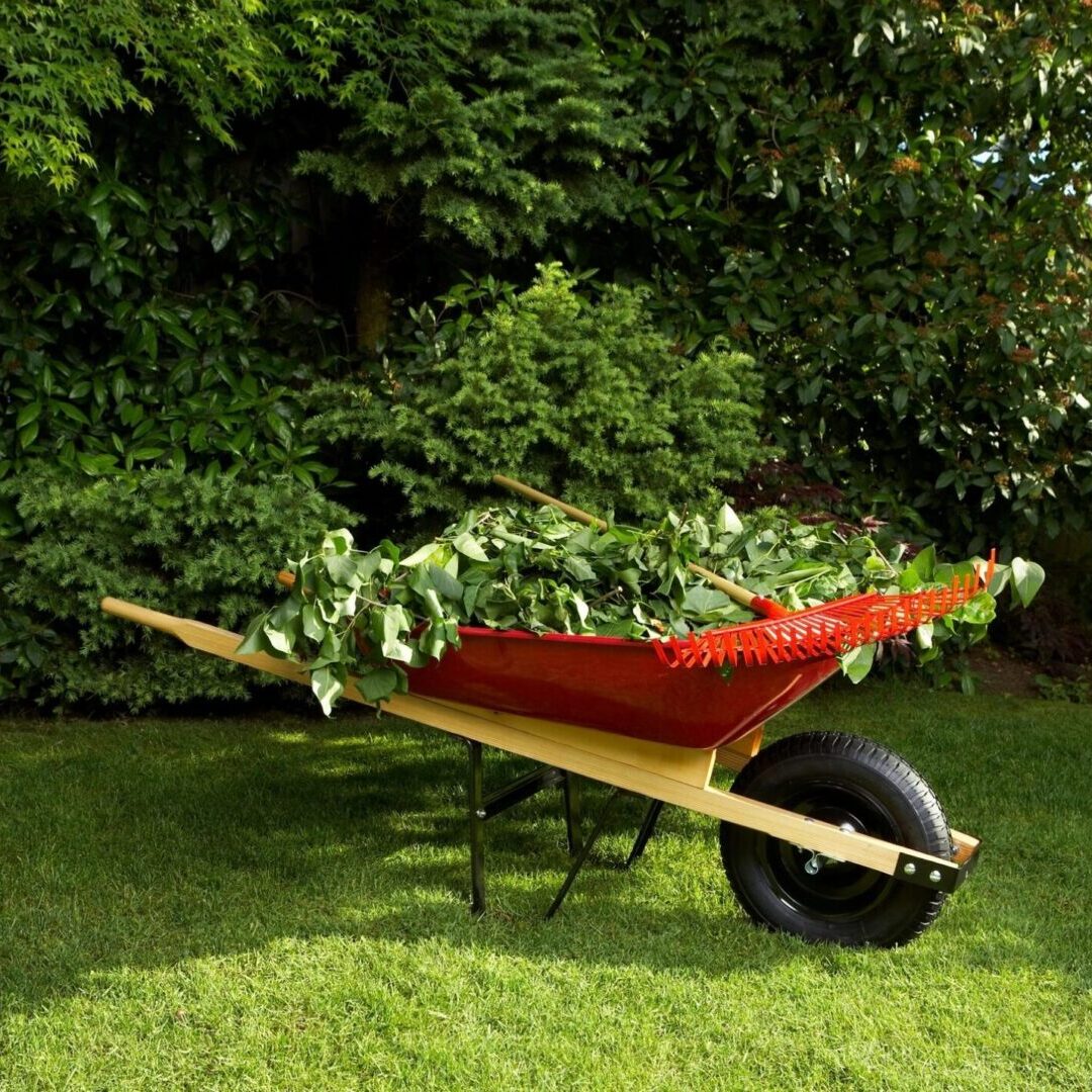 A red and yellow wheelbarrow with green leaves in it.